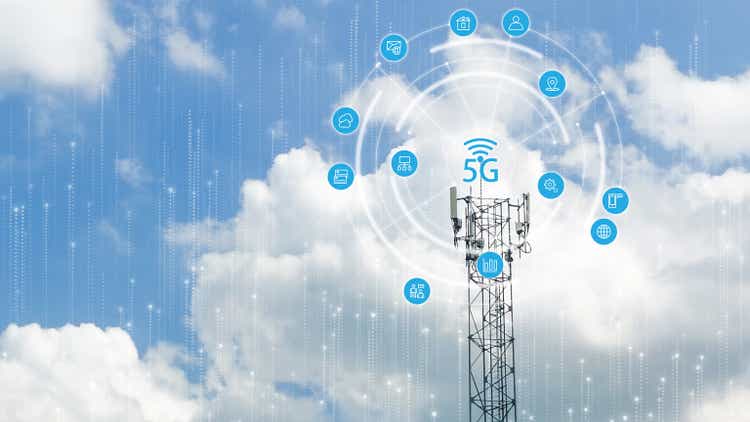 Double Exposure of Telecommunication tower of 4G and 5G cellular. Wireless Communication Antenna Transmitter, Technology Background.
