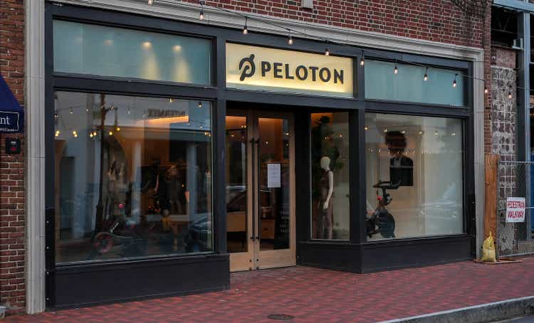 Peloton store entrance seen from Main Street in town area