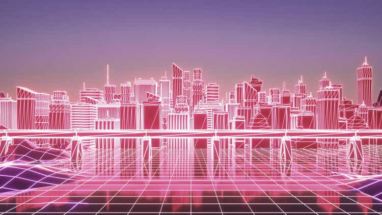 Neon city. Futuristic neon skyscrapers background. Business and technology concept. 3d rendering