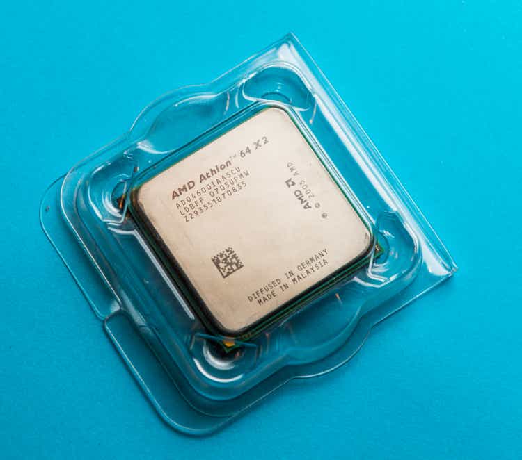 AMD Athlon 64 X2 CPU on blue background..