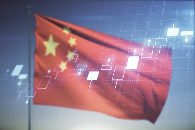 Multi exposure of abstract virtual financial graph hologram on flag of China and sunset sky background, forex and investment concept