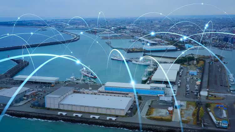 Fishing port and communication network concept. Smart fishery.