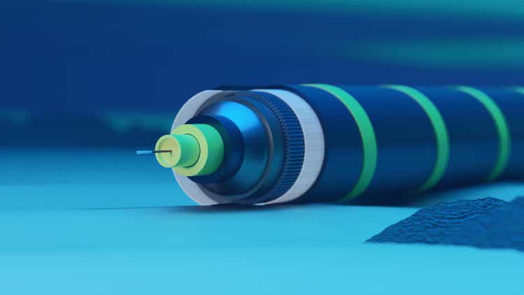 Submarine cable, power cable high voltage in the seabed. 3d render.