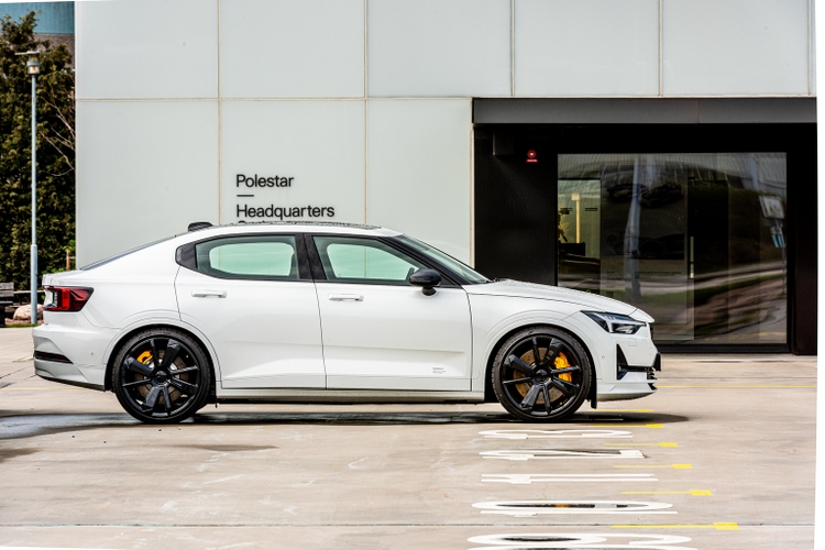 A white Polestar 2 outside Polestar Headquarters in Torslanda..