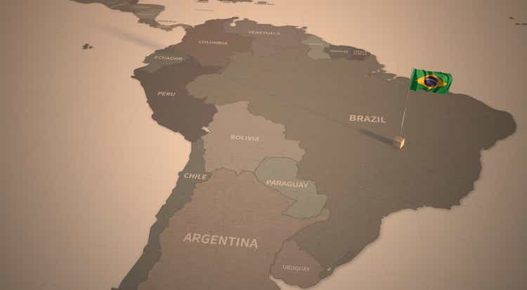 Flag on the map of Brazil.Vintage maps and flags of South America, Latin American countries series 3d rendering