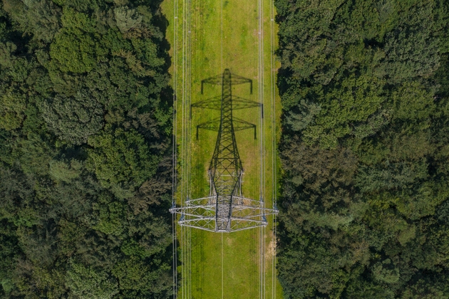 Drone shot directly above an electricity pylon and its shadow at the centre of two forests, Southampton, United Kingdom