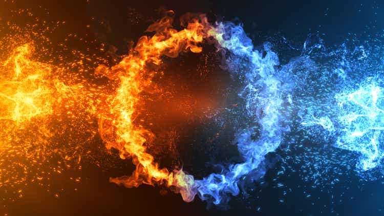 Feuer- und Eiskonzept-Design mit Funke. 3d-Illustration.