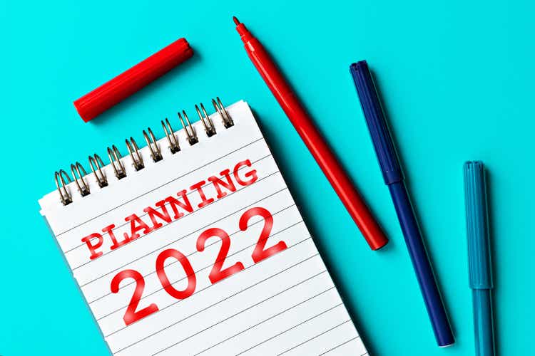 Planning 2022 concept. Notepad labeled Planning 2022 and multi-colored markers on turquoise background