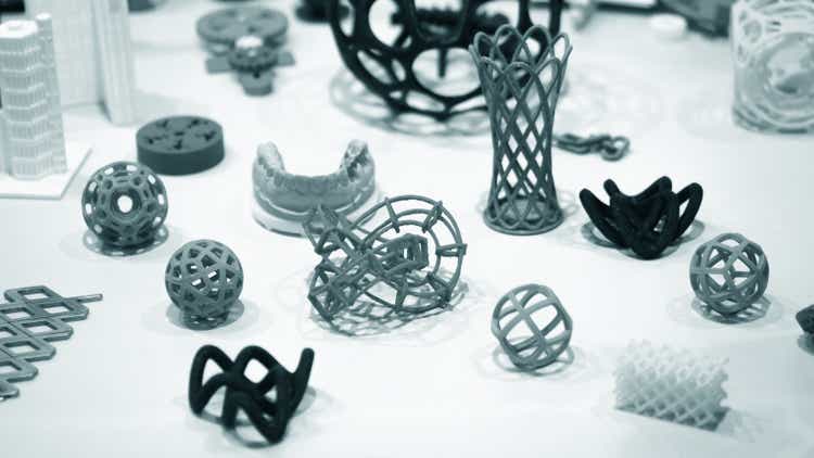 Many abstract models bright colorful objects printed on a 3d printer