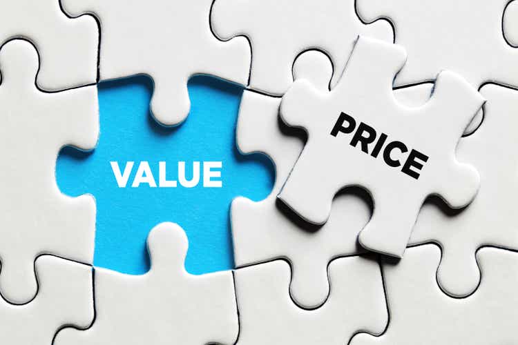 The word value revealed with a missing puzzle piece with the word text. Price and value balance