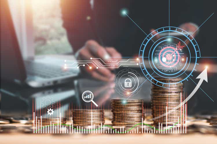 Coin stack steps on the table with icon Action plan, Goal, and target, success and business target concept, project management, company strategy development.