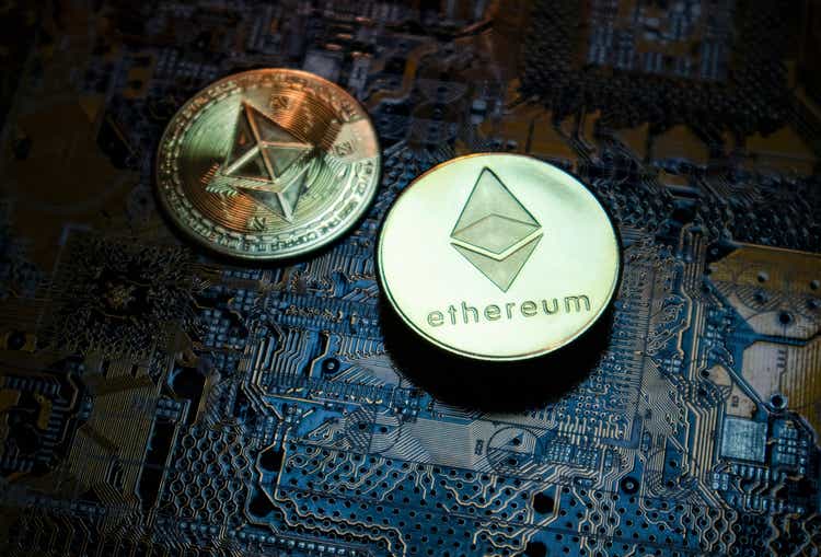 Close-up of Ethereum ETH cryptocurrency over computer circuit
