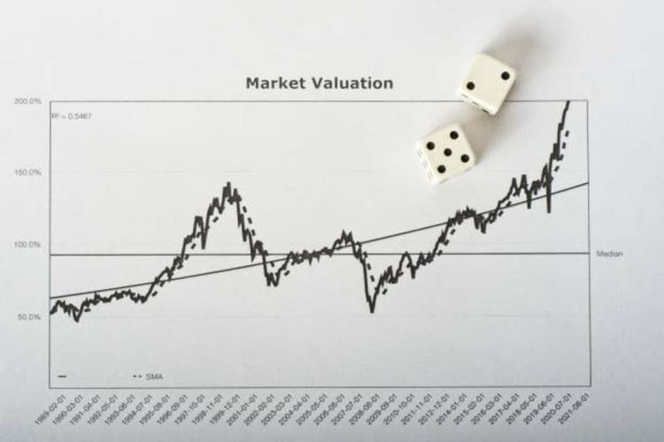 Stock market and economy growth and volatility concept with chart of trend line, dice predicting the direction