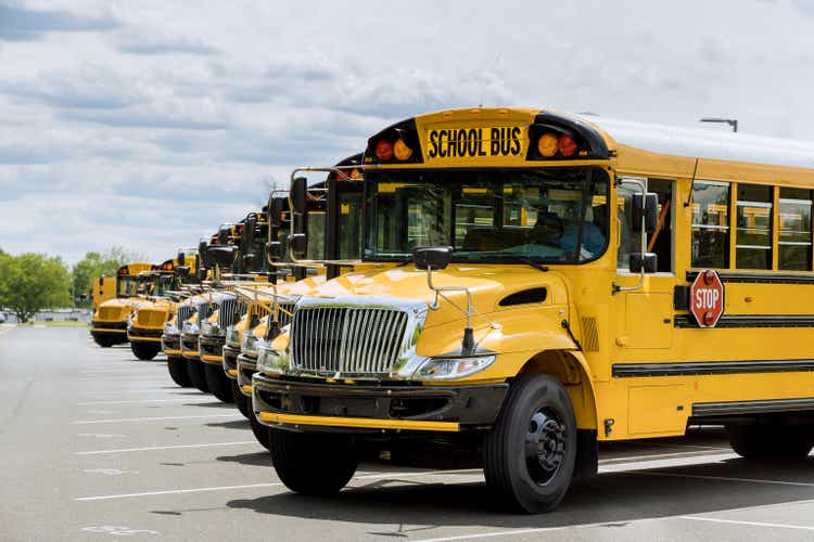 View the yellow school buses parked near the high school