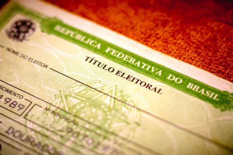 In this photo illustration the Voter License (Título Eleitoral). It is a document that proves that the person is able to vote in Brazil elections. Photo election vote card (voter id)
