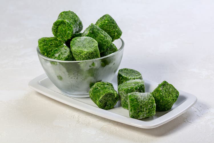 Frozen spinach in briquettes.