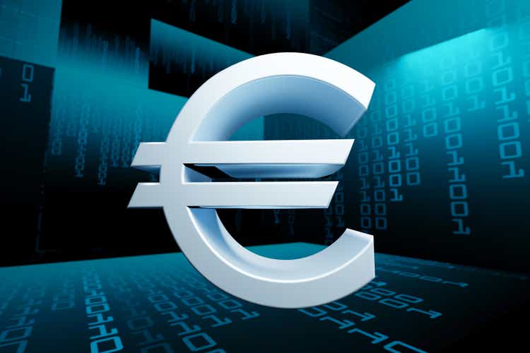 Digital euro symbol on a binary code background.