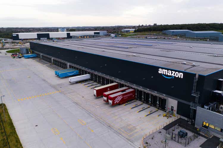 Aerial view of Amazon Prime distribution warehouse and fulfilment centre