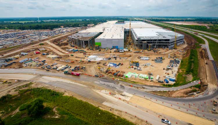 Tesla Gigafactory Austin or known as GigaTexas aerial view shows condturction progress and the 4680 battery factory almost complete