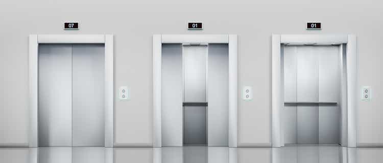 Metal elevator with closed, ajar and open lift doors in hallway. Realistic empty office lobby interior, hotel or waiting area with silver cabins, button panel and display on wall, 3d render