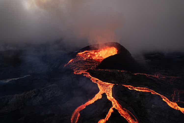 Low angle drone shot showing Fagradalsfjall Volcano, Reykjanes Peninsula, Iceland