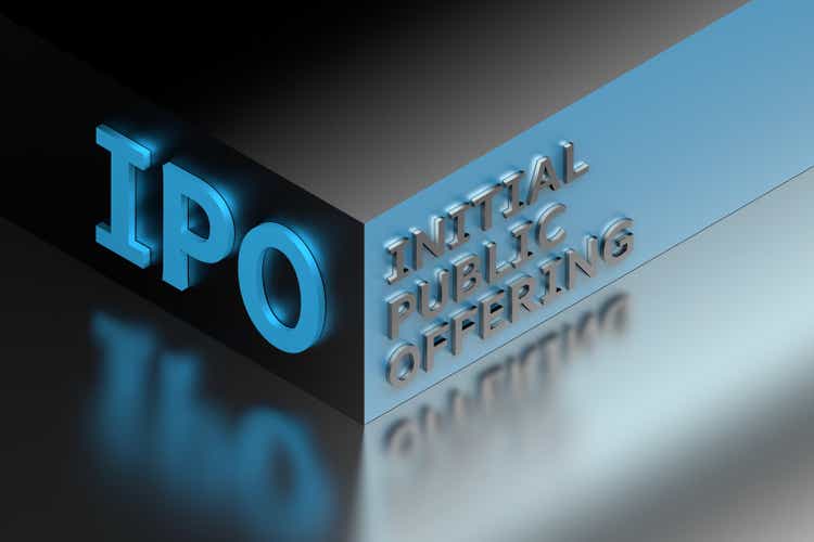 Financial term abbreviation IPO standing for Initial Public Offering on blue cube corner