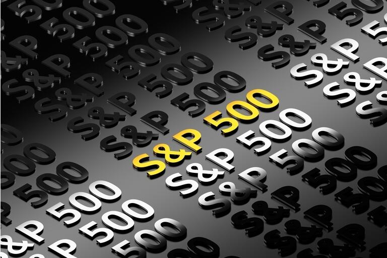 Financial term S&P 500 written in shiny silver golden repeating words