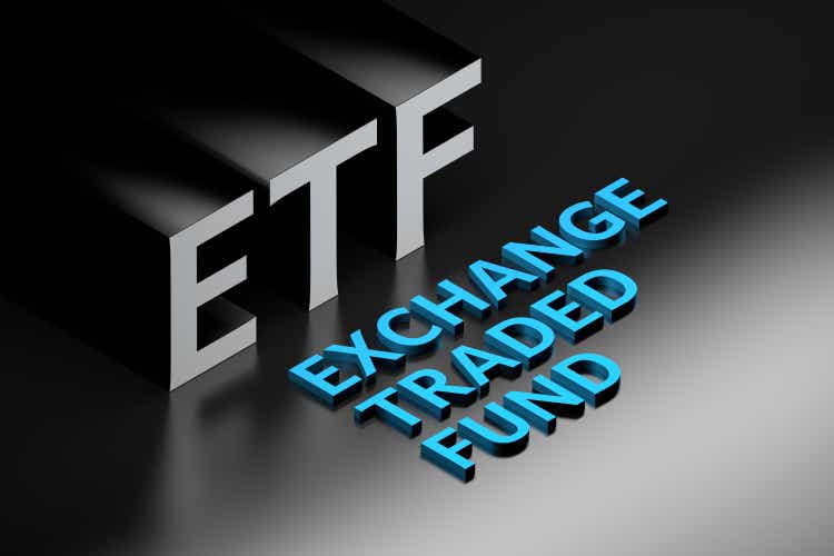 Financial term abbreviation ETF standing for Exchange Traded Fund arranged in isometric style