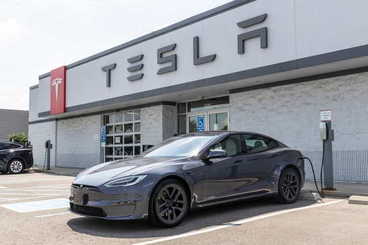 Tesla Model S EV electric vehicle on display. Tesla products include electric cars, battery energy storage and solar panels.