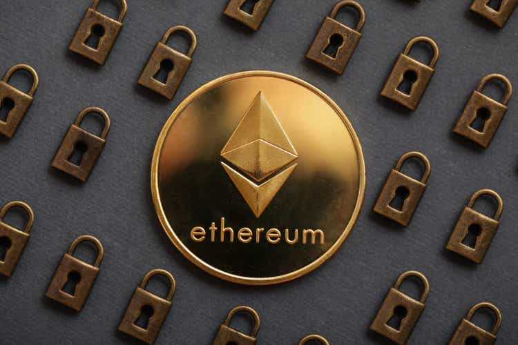 Ethereum coin, padlock. Ethereum security. Digital cyber safety, Blockchain technology to encode online information.