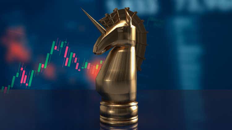 The gold unicorn chess and business chart for start up concept 3d rendering