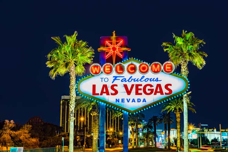 famous Las Vegas sign at city entrance, detail by night