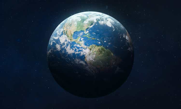 Earth planet on dark background. Surface of Earth. Blue sphere. Elements of this image furnished by NASA.