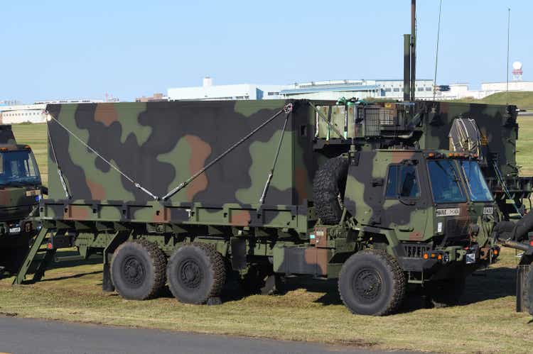 United States Army Oshkosh FMTV (Family of Medium Tactical Vehicle) M1085 6x6 armored cab truck with shelter.