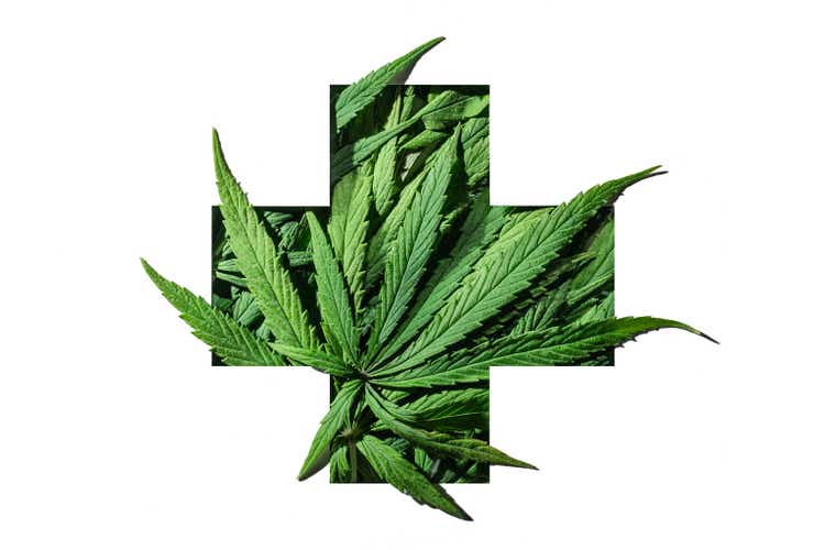 Cannabis green leaves in medical plus sign emblem frame on white background.
