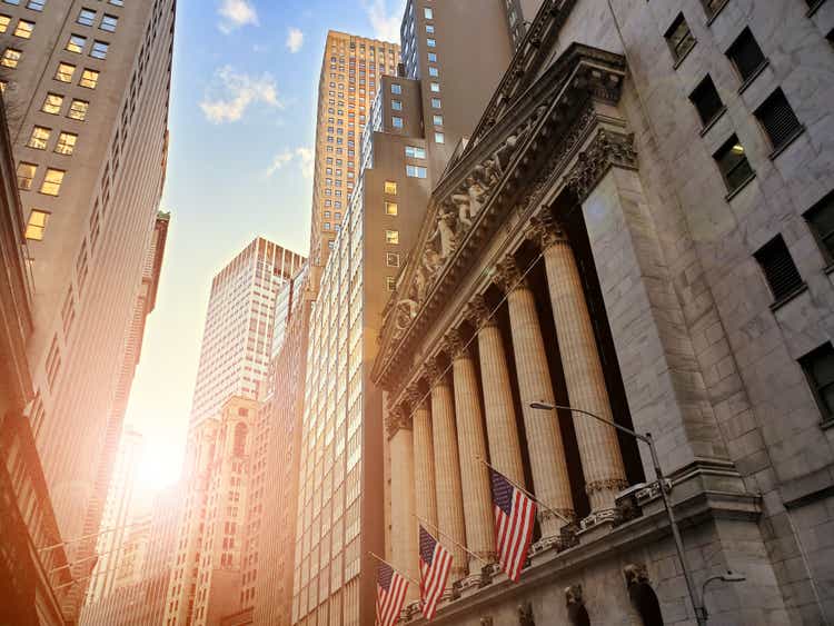 Historic buildings of Wall Street in the financial district of lower Manhattan, New York City