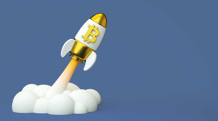 Bitcoin to the moon, bullish cryptocurrency BTC. Bitcoin crypto currency golden logo in a rocket with copy space background in 3D rendering. Blockchain technology concept