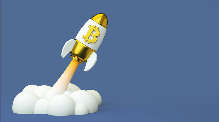 Bitcoin to the moon, bullish cryptocurrency BTC. Bitcoin crypto currency golden logo in a rocket with copy space background in 3D rendering. Blockchain technology concept