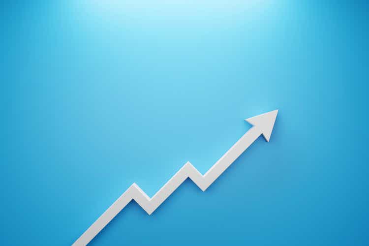 Arrow sign growth on blue background. Business development to success and growing growth concept. 3d illustration