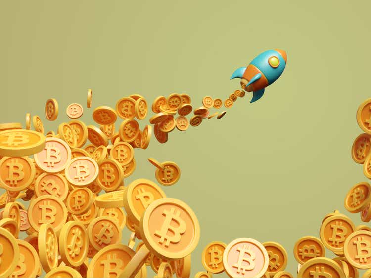 Rocket Ship Launched Bitcoin 3D Stylized Cartoon Illustration