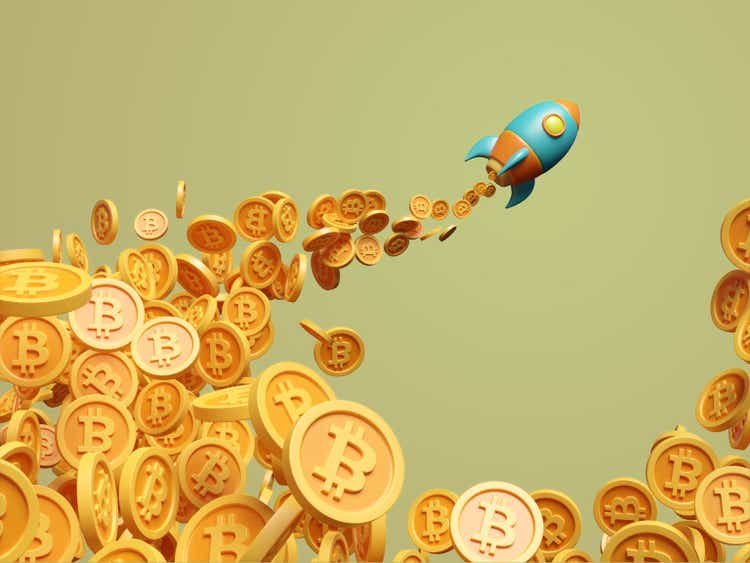 Rocket ship launched Bitcoin 3D stylized cartoon illustration