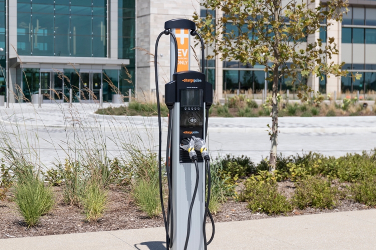 ChargePoint EV Charging Station. ChargePoint plug-in vehicle stations are in business parking lots or home use.