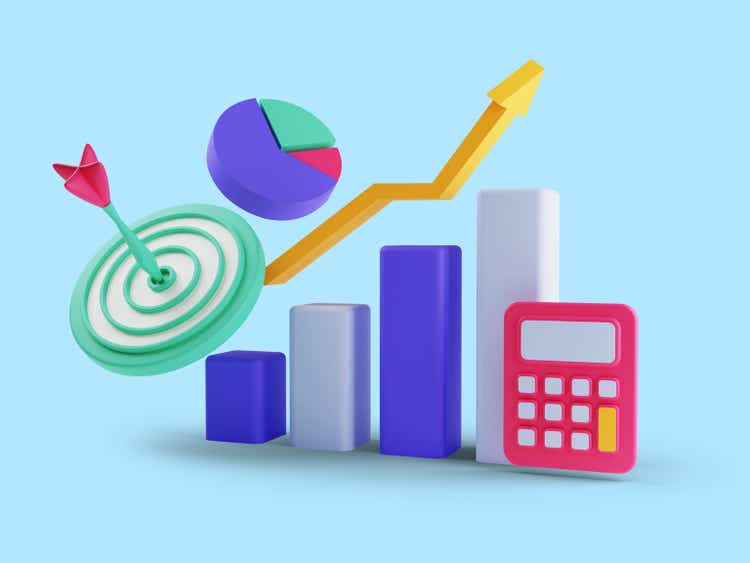 3d render of ROI concept, Return on investment, people managing financial chart, profit income. Isolated on blue background