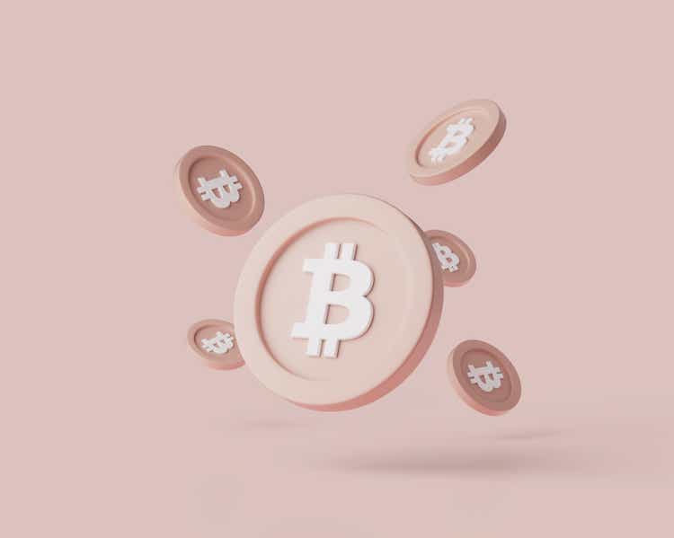 Cryptocurrency Bitcoins levitate on pastel background. 3d render illustration with soft lights.