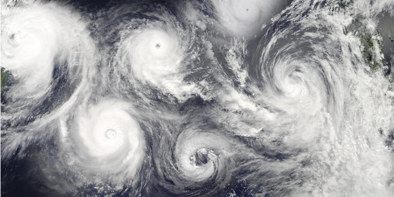 Hurricane season. Collage of a riot of hurricanes due to catastrophic climate change. Satellite view. Elements of this image furnished by NASA.