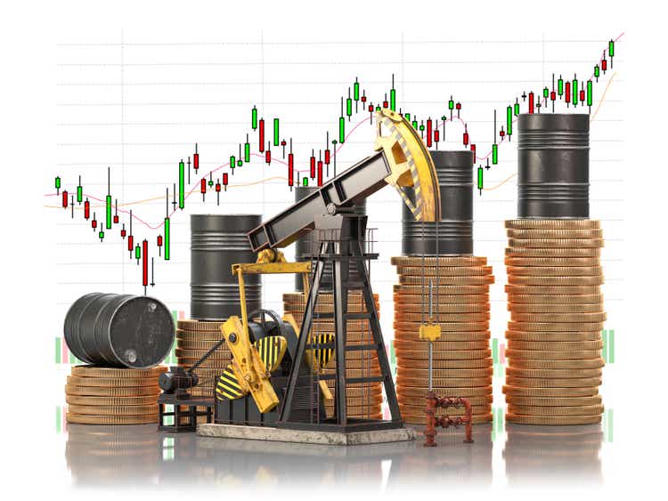 Oil barrels on stacks of golden coins and oil pump jack with market price chart. Growth of oil stock prices and extraction of oil concept.