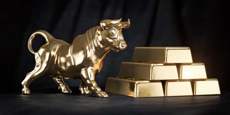 Golden ingot and bull on black background. Bull stock exchange market trend in gold.