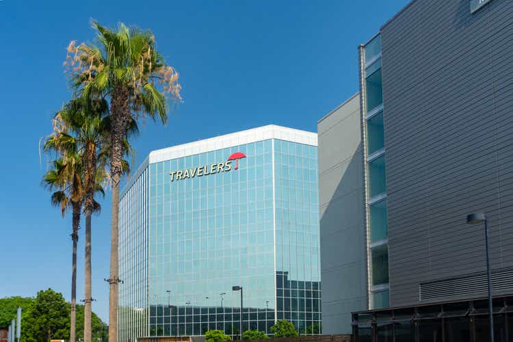 Exterior building for Travelers Insurance with red umbrella