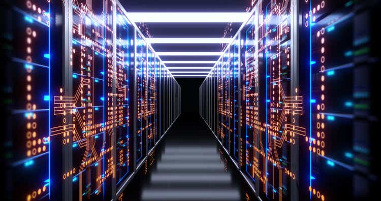 Corridor of server room with server racks in datacenter. 3d illustration