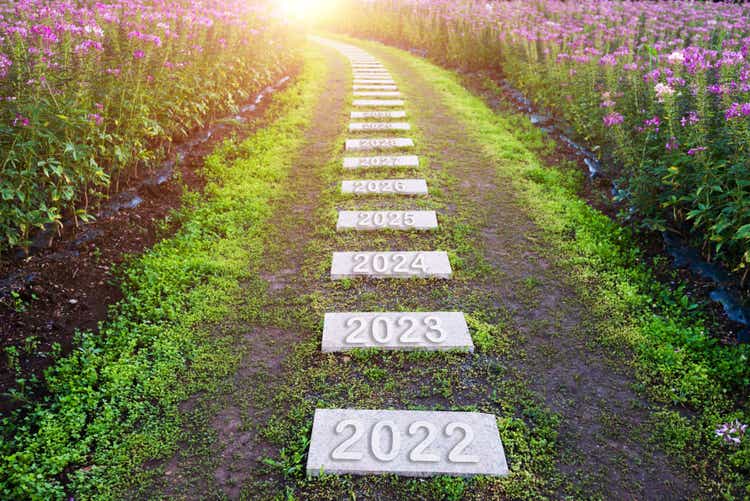 Number of 2022 to 2030 on stone pathway at the garden in springtime